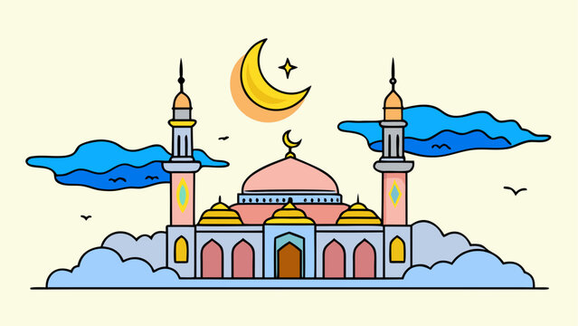 Whimsical mosque illustration under a moonlit sky