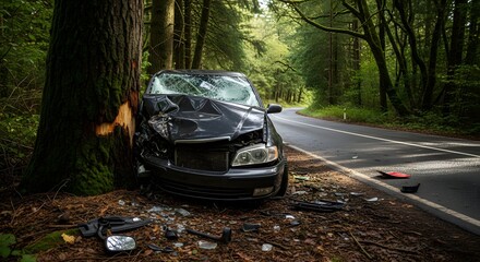 Damaged car crashed into tree on forest road accident