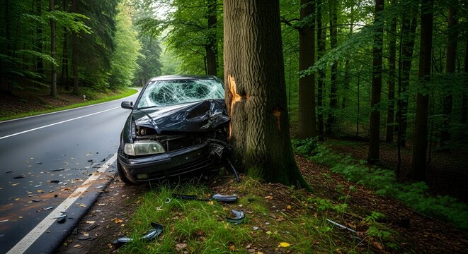 Damaged car crashed into tree on forest road accident
