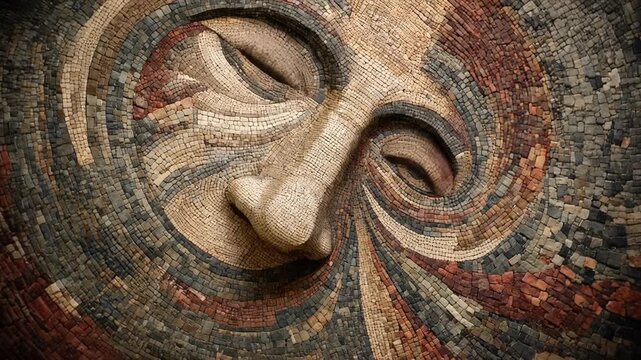 Mosaic of faces morphing men and women concept. Close up of artistic mosaic face with detailed eyes and nose in earthy tones and abstract pattern