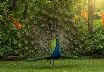 Obraz premium Peacock displaying plumage in garden