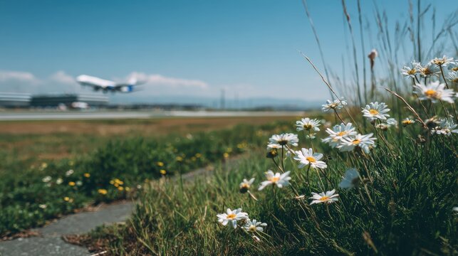 White Air Plane Taking Off In Sunny Blue Sky Over Green Grass Field With White Flowers In Foreground