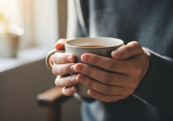 Person holding a cup of coffee or tea in their hands near a window