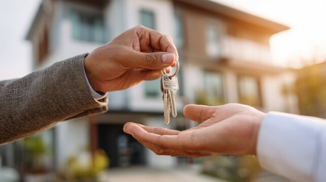 Person handing over keys to another person house in background
