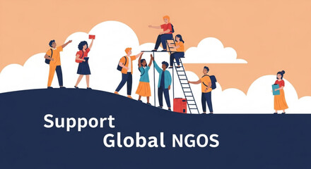 People supporting global ngos and charities on a hill with clouds teamwork and social responsibility concept