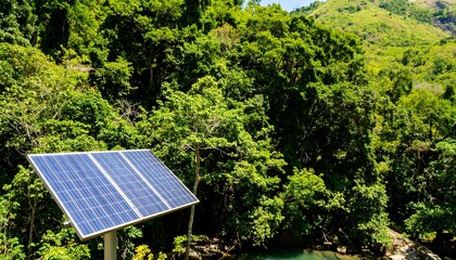 A solar panel is positioned in front of lush green foliage, with trees cascading down a distant hillside towards a tranquil body of water