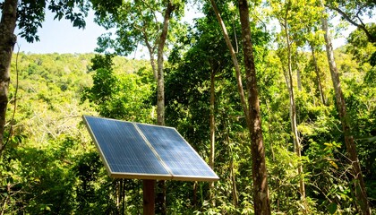 A solar panel is placed in a sunlit forest, surrounded by tall trees and green foliage, with a view of a distant hill