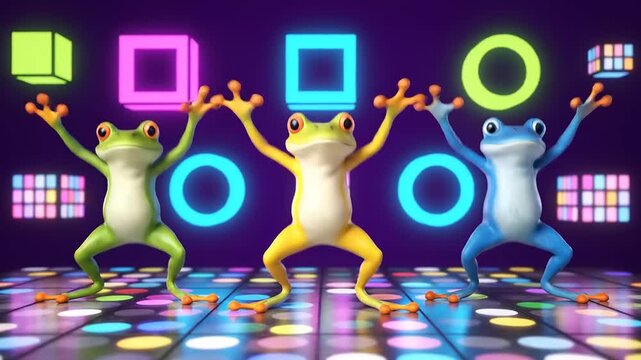 Dancing frogs in neon disco green, yellow, blue characters celebrate, cartoon style, retro vibes, colorful floor and shapes, fun party time