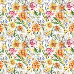 Seamless watercolor spring floral pattern with primrose, daffodil and violet flowers for textile, fabric print, wallpaper and wrapping paper