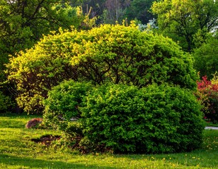 A vibrant, sun-drenched scene showcasing lush green foliage in a garden setting, with bright light illuminating the leaves
