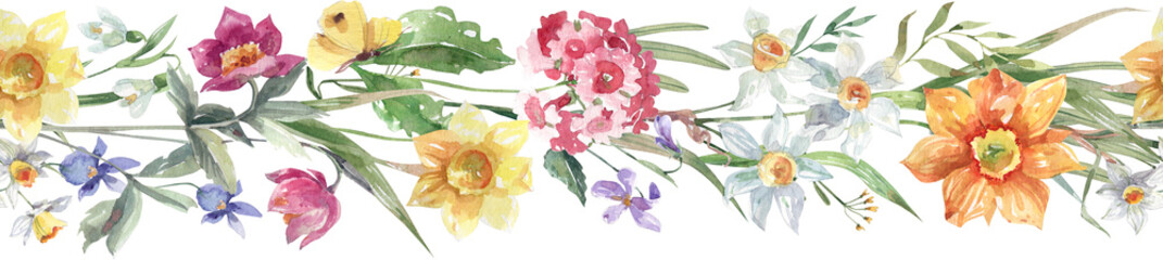Hand drawn seamless watercolor spring flower border, botanical floral trim pattern for fabric, wallpaper and decorative design