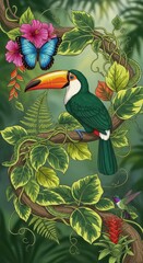 Obraz premium Exotic jungle wildlife including a large colorful bird, bright butterfly, and small snake amid lush tropical foliage.