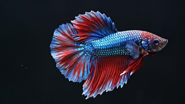 Vibrant blue and red fish swimming against a black background