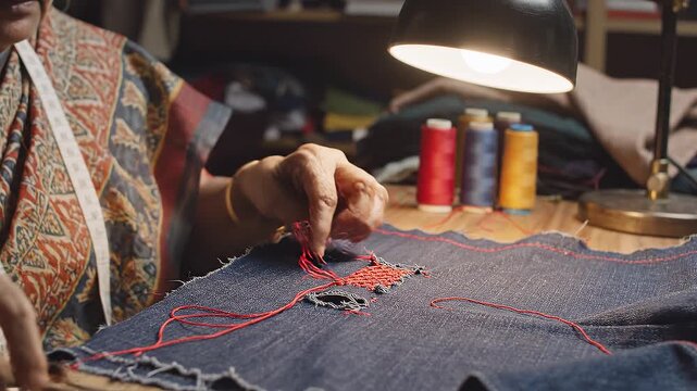 Mid-range view highlighting intricate sewing repairs as a tailor skillfully patches fabric tears, achieving a refined final result.