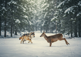 Wolf and deer in snowy forest