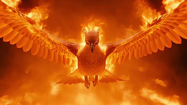 Majestic Phoenix Rising from Intense Flames with Outspread Wings and Golden Light Beams