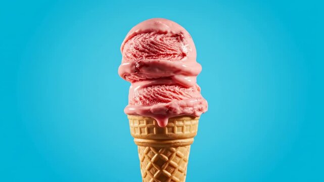Seamless loop of a perfect double-scoop strawberry ice cream cone rotating slowly on a solid minimalist cyan background with ample negative space cyan, commercial, abstract