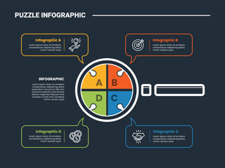 puzzle or jigsaw infographic process diagram with magnifying glass tools horizontal with callout speech bubble discussion with dark background bright outline style 4 points
