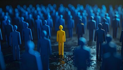 Fototapeta premium Yellow figure stands out amongst crowd of blue figures. Finding right people important in business. Photo illustrates key concept in business strategy, HR. Single person stands out representing 