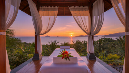 Naklejka na ściany i meble Luxury spa massage table in tropical gazebo overlooking ocean sunset