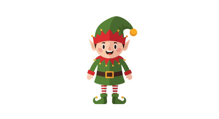 Cheerful cartoon elf character in festive Christmas attire on white background