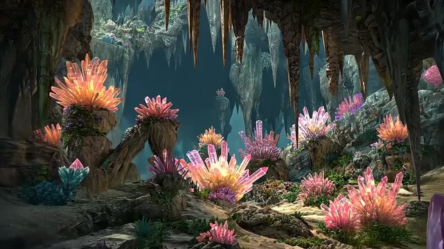 crystal cave, purple and orange crystals, fantasy landscape