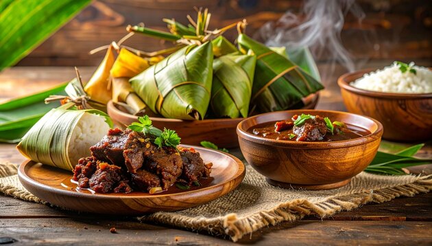 Traditional Malaysian Hari Raya food scene featuring freshly cooked ketupat wrapped in woven palm leaves served with rich, thick kuah rendang. The ketupat is neatly sliced, revealing soft white rice.