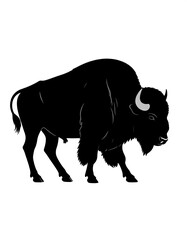 A solid black silhouette depicts a large, shaggy mammal with horns. The creature stands on four legs against a plain white background
