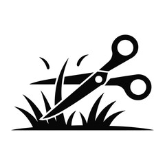 A pair of scissors cutting through grass with a clean and simple design
