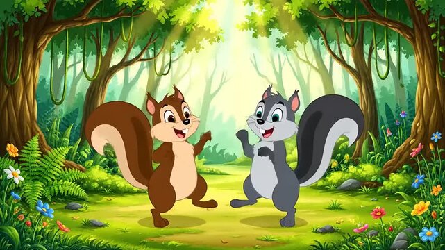 Cute cartoon squirrels meeting in a forest clearing, cheerful illustration, sunlit woodland background, stylized drawing, happy animals in nature