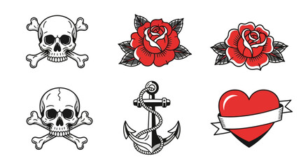Vintage Tattoo Style Icons with Skulls, Roses, Anchor, and Heart © Rohim