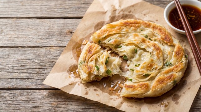 Scallion Pancake: Flaky Scallion Pancake (Cong You Bing), layers visible, golden brown and crispy, torn open to show texture, oil paper serving, copy space for text.