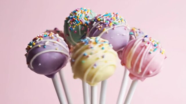Delicious and Colorful Cake Pops on Sticks with Sprinkles.