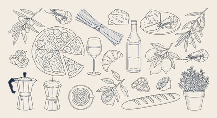 A delightful collection of Italian food and drink items, including pizza, pasta, cheese, wine, coffee, and more, presented in a charming hand-drawn sketch style.