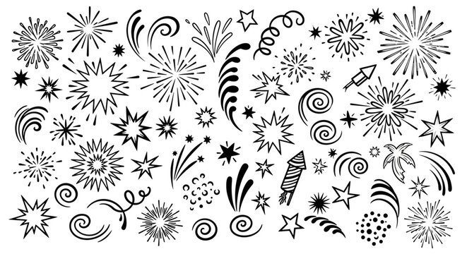 A collection of hand-drawn doodle elements representing fireworks, stars, and celebratory explosions in a black and white sketch style.