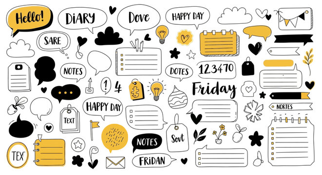 A collection of hand-drawn doodle elements for journaling and planning, including speech bubbles, notes, calendars, and decorative icons.