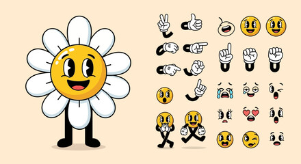 A cheerful cartoon daisy character with a set of expressive facial features and hand gestures for animation. © warhan