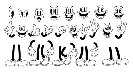 A collection of cartoon character body parts, including eyes, mouths, hands, and legs, for animation and design. © warhan