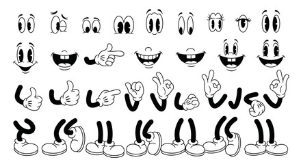 A collection of classic cartoon character body parts, including eyes, mouths, hands, and legs, designed for animation. © warhan