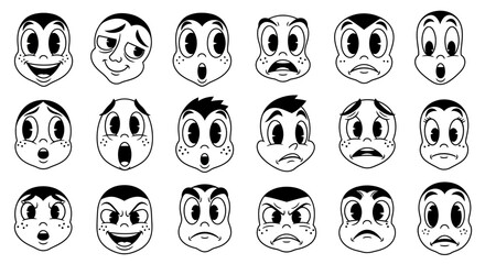 A collection of 20 cartoon faces displaying a wide range of emotions and expressions, drawn in a classic animation style.