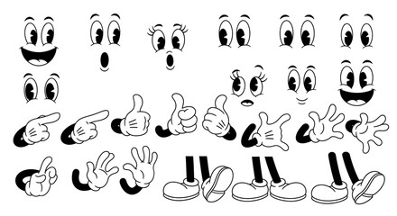 A collection of cartoon character body parts including eyes, mouths, hands, and legs, designed for animation. © warhan