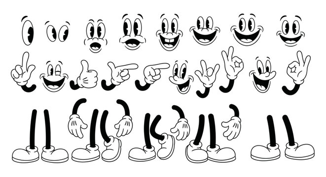 A collection of cartoon character body parts, including eyes, mouths, hands, and legs, for animation and design.