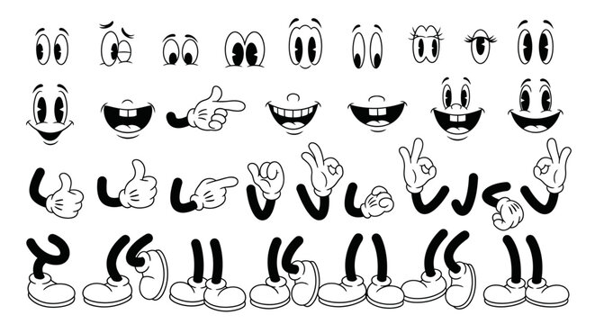 A collection of classic cartoon character body parts, including eyes, mouths, hands, and legs, designed for animation.