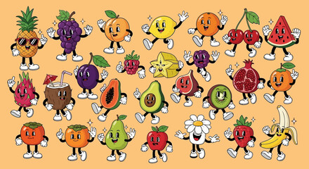 Fototapeta premium A vibrant and whimsical collection of anthropomorphic fruits, each with unique expressions and poses, set against a warm, solid background.