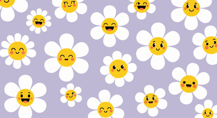 A charming and cheerful pattern of smiling daisies with happy faces on a soft lavender background.
