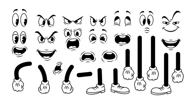 A collection of cartoon character body parts including various eyes, mouths, arms, and legs with shoes.