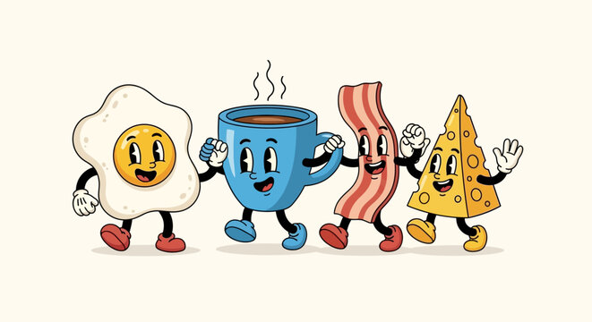 A cheerful cartoon illustration of breakfast foods, including a fried egg, coffee cup, bacon strip, and cheese wedge, dancing together.