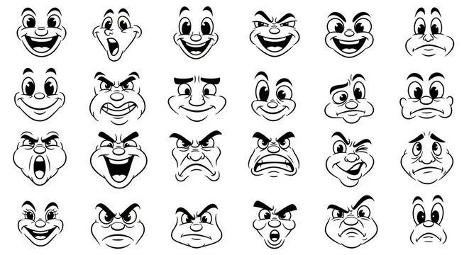 A collection of 24 cartoon faces expressing a wide range of emotions and expressions, drawn in black and white.