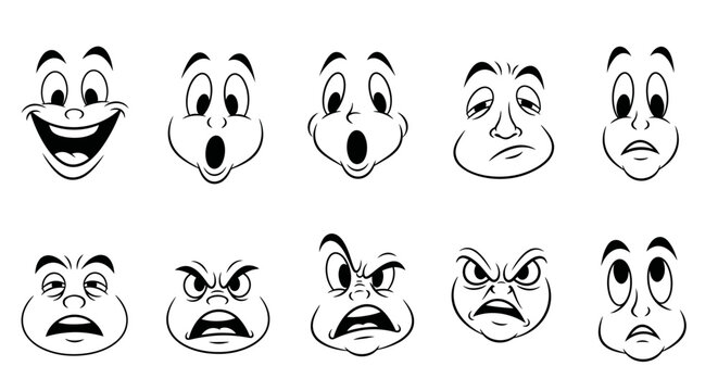 A collection of ten expressive cartoon faces displaying a range of emotions from joy to anger.