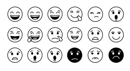 A collection of 20 diverse emoji faces, showcasing a range of emotions from joy and laughter to sadness and surprise, presented in a clean, black and white line art style.
